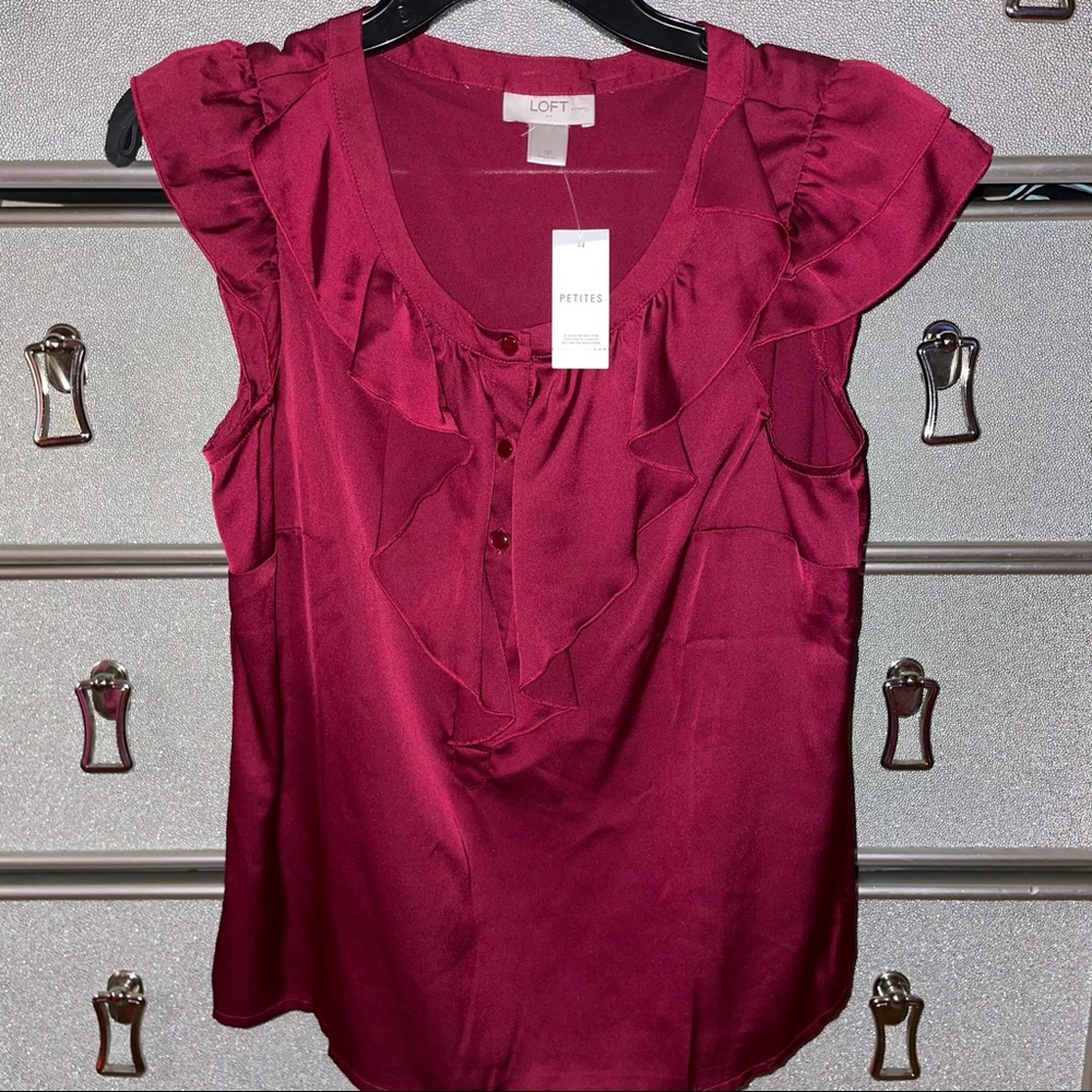 Wine ruffled loft blouse